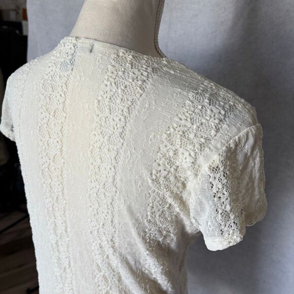 Vintage Ivory White V-neck Short-sleeve Lace Top Stretch Fitted Y2K Rafaella - Picture 4 of 7